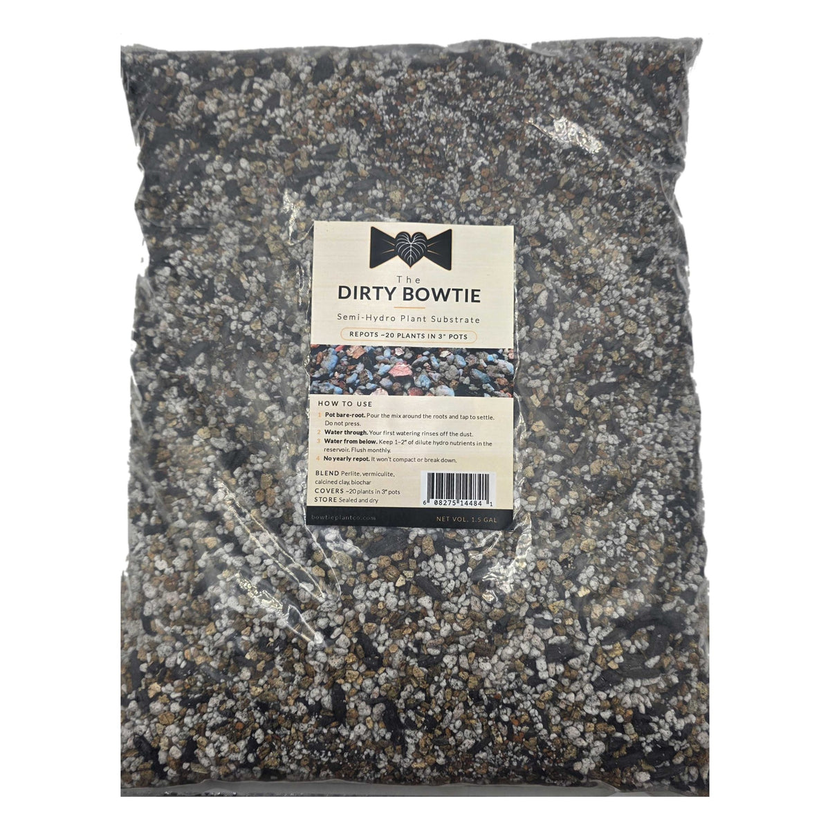 The Dirty Bowtie semi-hydro substrate, 1.5 gallon bag with label